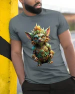 Mystical Forest Creature Guardian Art Tee Fantasy Graphic TShirt - model wearing grey tee, leaning on column