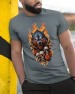 Flaming Wolf Skull Art Tee Dark Predator Graphic TShirt - model wearing grey tee, leaning on column