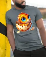 Cute Baby Dragon Hatching Art Tee Adorable Fantasy Graphic TShirt - model wearing grey tee, leaning on column