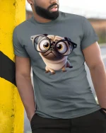 Funny Nerd Pug With Glasses Tee Cute Dog Cartoon Graphic TShirt - model wearing grey tee, leaning on column