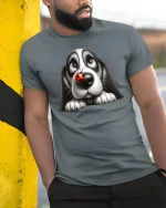 Cute Puppy With Ladybug Nose Tee Adorable Dog Cartoon Graphic TShirt - model wearing grey tee, leaning on column