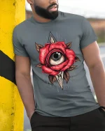 Mystic Rose Eye Surreal Art Tee Dark Symbolic Graphic TShirt - model wearing grey tee, leaning on column