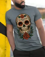 Floral Sugar Skull Art Tee Day Of The Dead Style Graphic TShirt - model wearing grey tee, leaning on column