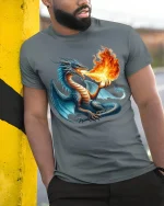 Fire Breathing Dragon Fantasy Art Tee Epic Power Graphic TShirt - model wearing grey tee, leaning on column