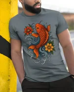 Lucky Koi Fish Floral Art Tee Japanese Style Graphic TShirt - model wearing grey tee, leaning on column