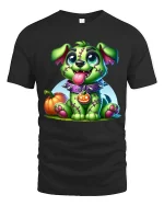 Cute Zombie Puppy Halloween T Shirt With Stitched Monster Dog Art - black t-shirt on white background