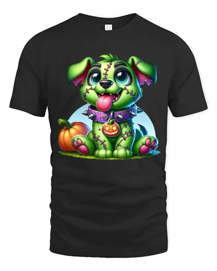 Cute Zombie Puppy Halloween T Shirt With Stitched Monster Dog Art - black t-shirt on white background