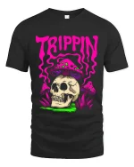 Trippin Skull Mushroom Psychedelic Graphic T Shirt Art - black t-shirt on white background