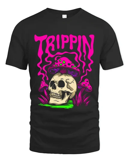 Trippin Skull Mushroom Psychedelic Graphic T Shirt Art - black t-shirt on white background