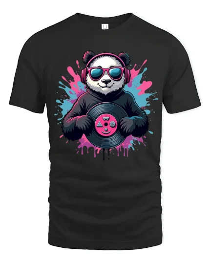 Cool Panda DJ Vinyl Graphic T Shirt With Music Vibes - black t-shirt on white background