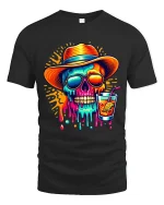 Colorful Summer Skull Cocktail Graphic T Shirt With Chill Vibes - black t-shirt on white background