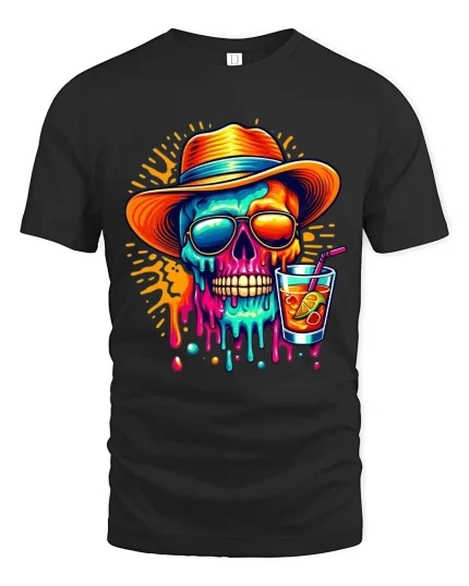 Colorful Summer Skull Cocktail Graphic T Shirt With Chill Vibes - black t-shirt on white background