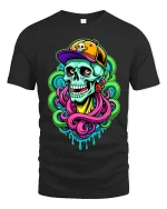 Neon Street Skull Graphic T Shirt With Bold Urban Art Vibes - black t-shirt on white background