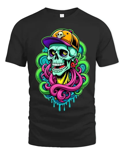 Neon Street Skull Graphic T Shirt With Bold Urban Art Vibes - black t-shirt on white background