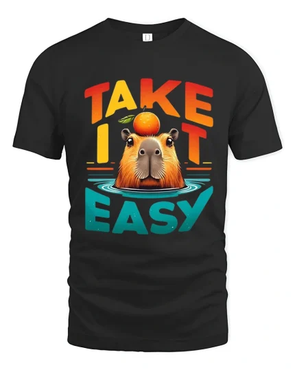 Take It Easy Capybara Relaxed Funny Graphic T Shirt Design - black t-shirt on white background