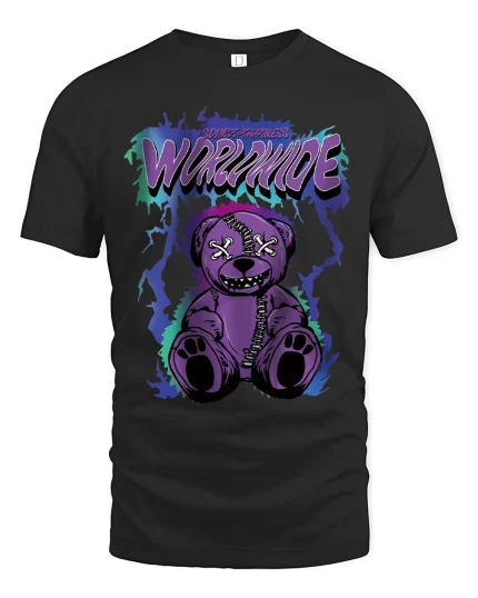 Purple Worrmude Teddy Horror T Shirt With Stitched Creepy Art - black t-shirt on white background