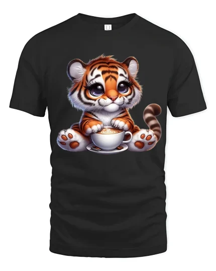 Cute Tiger Coffee Lover Funny Animal Graphic T Shirt Design - black t-shirt on white background