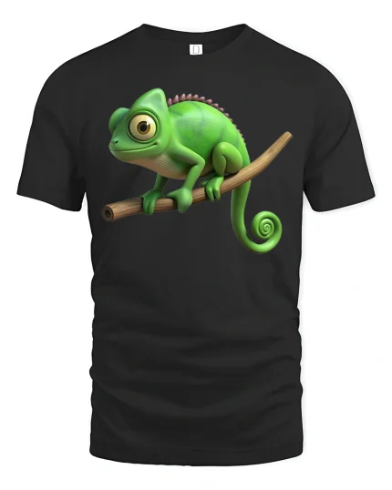 Cute Chameleon Branch Sitting Funny Animal Graphic T Shirt - black t-shirt on white background