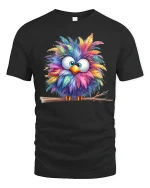 Colorful Fluffy Owl Cartoon Art Cute Animal Graphic T Shirt - black t-shirt on white background