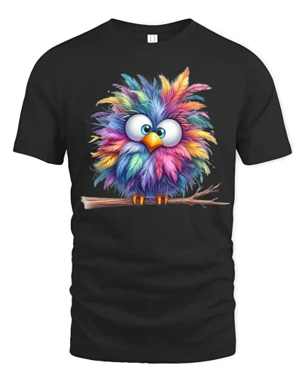 Colorful Fluffy Owl Cartoon Art Cute Animal Graphic T Shirt - black t-shirt on white background