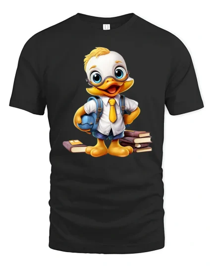 Cute Smart Duck Student Cartoon Illustration Funny Graphic T Shirt - black t-shirt on white background