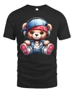 Cute Hip Hop Teddy Bear T Shirt With Headphones Street Style - black t-shirt on white background