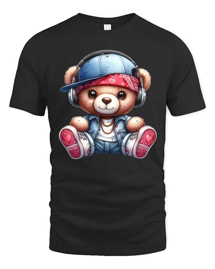 Cute Hip Hop Teddy Bear T Shirt With Headphones Street Style - black t-shirt on white background