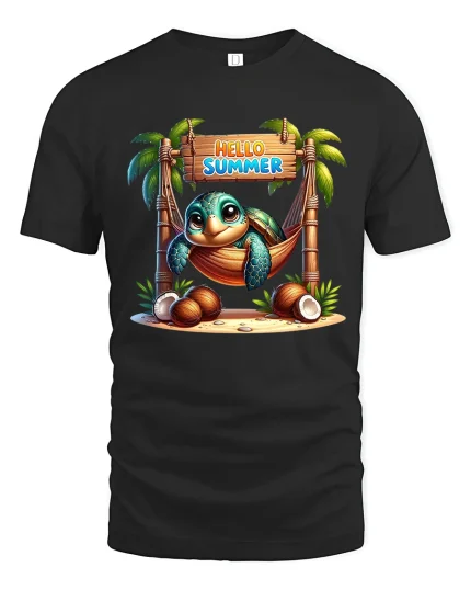 Hello Summer Cute Turtle T Shirt With Tropical Hammock Art - black t-shirt on white background