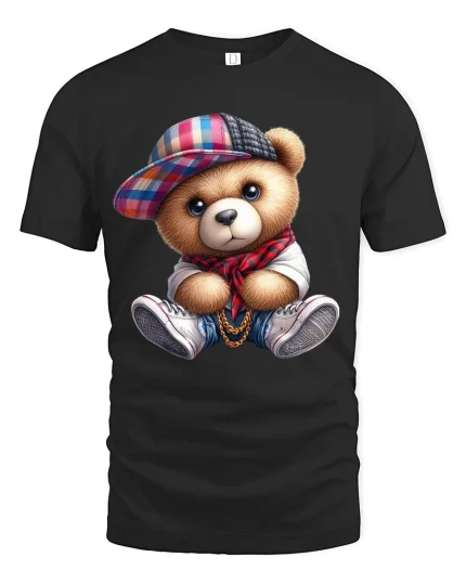 Cute Hip Hop Teddy Bear T Shirt With Street Style Vibes - black t-shirt on white background