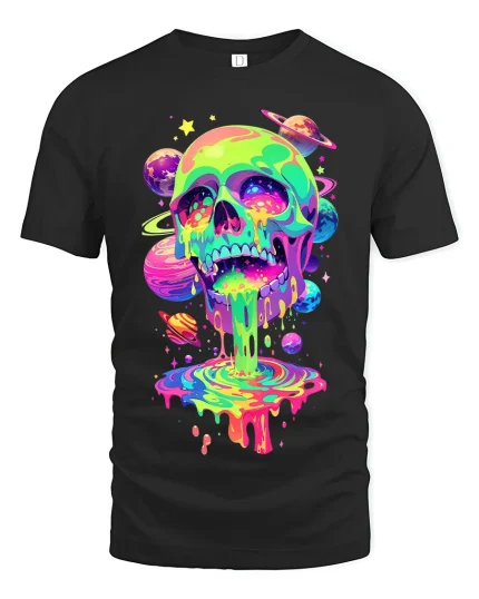Psychedelic Cosmic Skull Graphic T Shirt With Trippy Galaxy Art - black t-shirt on white background