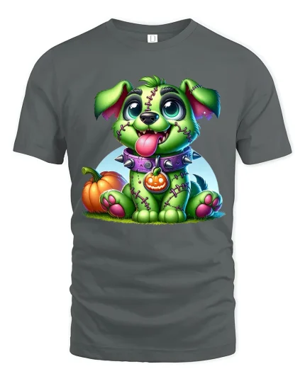 Cute Zombie Puppy Halloween T Shirt With Stitched Monster Dog Art - gray t-shirt on white background