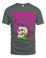 Trippin Skull Mushroom Psychedelic Graphic T Shirt Art - gray t-shirt on white background