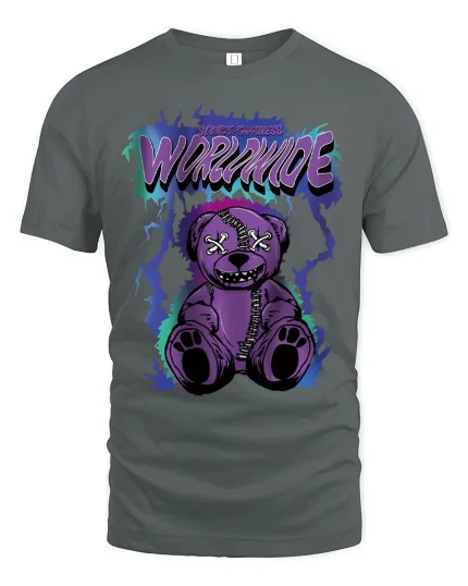 Purple Worrmude Teddy Horror T Shirt With Stitched Creepy Art - gray t-shirt on white background
