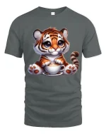 Cute Tiger Coffee Lover Funny Animal Graphic T Shirt Design - gray t-shirt on white background