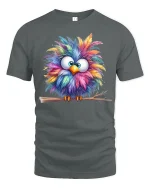 Colorful Fluffy Owl Cartoon Art Cute Animal Graphic T Shirt - gray t-shirt on white background