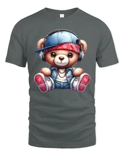 Cute Hip Hop Teddy Bear T Shirt With Headphones Street Style - gray t-shirt on white background