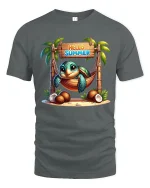 Hello Summer Cute Turtle T Shirt With Tropical Hammock Art - gray t-shirt on white background