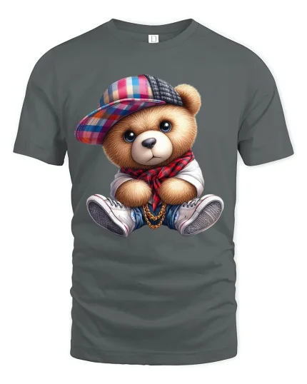 Cute Hip Hop Teddy Bear T Shirt With Street Style Vibes - gray t-shirt on white background
