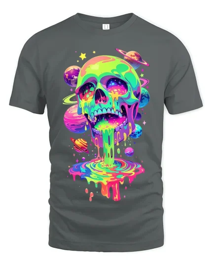 Psychedelic Cosmic Skull Graphic T Shirt With Trippy Galaxy Art - gray t-shirt on white background