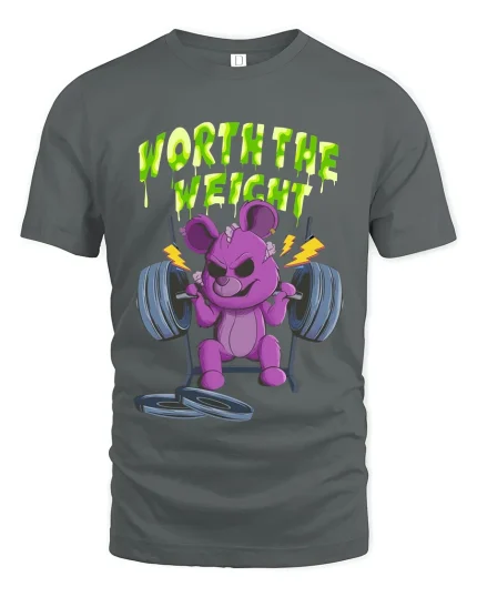 Worth The Weight Funny Gym Bear Graphic T Shirt Workout Humor - gray t-shirt on white background