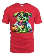 Cute Zombie Puppy Halloween T Shirt With Stitched Monster Dog Art - red t-shirt on white background