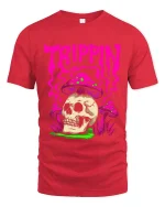 Trippin Skull Mushroom Psychedelic Graphic T Shirt Art - red t-shirt on white background