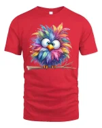 Colorful Fluffy Owl Cartoon Art Cute Animal Graphic T Shirt - red t-shirt on white background
