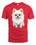 Adorable Fluffy Pomeranian Puppy Illustration Cute Graphic T Shirt - red t-shirt on white background