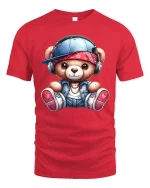 Cute Hip Hop Teddy Bear T Shirt With Headphones Street Style - red t-shirt on white background