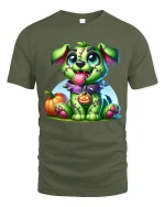Cute Zombie Puppy Halloween T Shirt With Stitched Monster Dog Art - military green t-shirt on white background