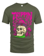 Trippin Skull Mushroom Psychedelic Graphic T Shirt Art - military green t-shirt on white background