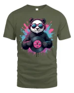 Cool Panda DJ Vinyl Graphic T Shirt With Music Vibes - military green t-shirt on white background