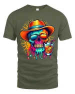 Colorful Summer Skull Cocktail Graphic T Shirt With Chill Vibes - military green t-shirt on white background