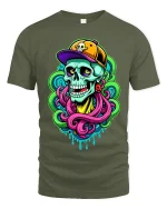 Neon Street Skull Graphic T Shirt With Bold Urban Art Vibes - military green t-shirt on white background